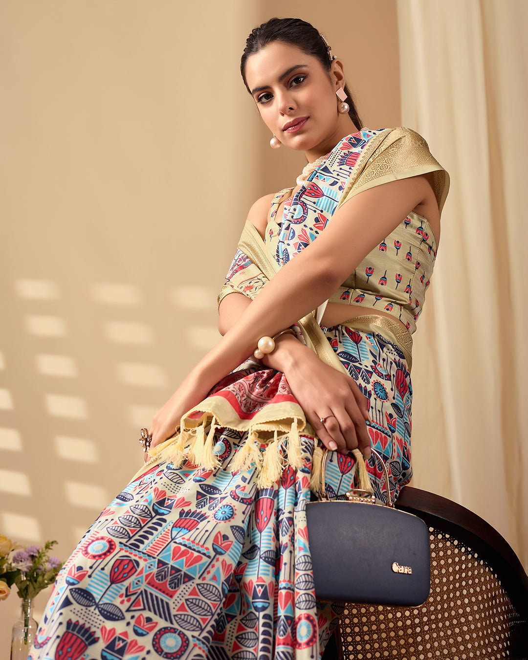 Exquisite Soft Lichi Silk Saree enriched with artistic multicolor digital weaving and a grand golden zari border