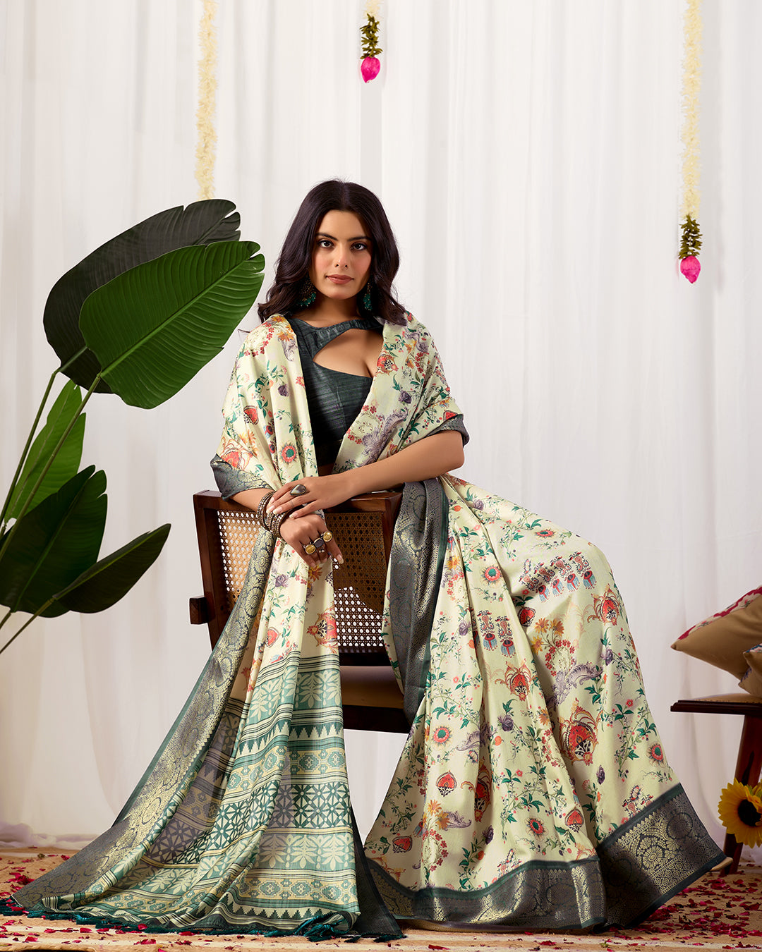Premium Soft Lichi Silk Saree adorned with vibrant digital floral prints, complemented by a rich