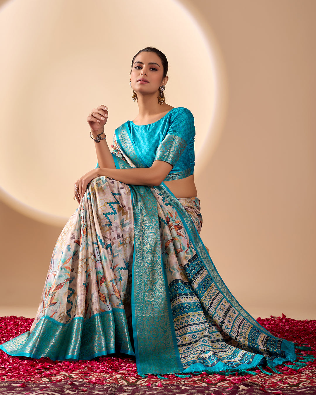Soft Lichi Silk Saree featuring an Exquisite Combination of Modern Digital Print and Rich Traditional Zari Woven Border