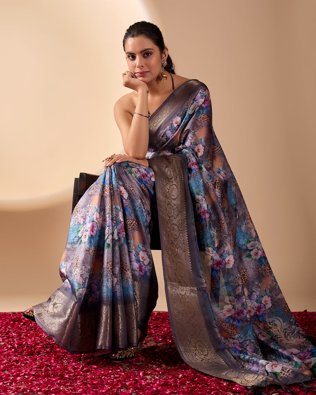 Gorgeous Soft Lichi Silk Saree featuring enchanting digital floral prints on a rich smoky grey base with an intricate golden zari border