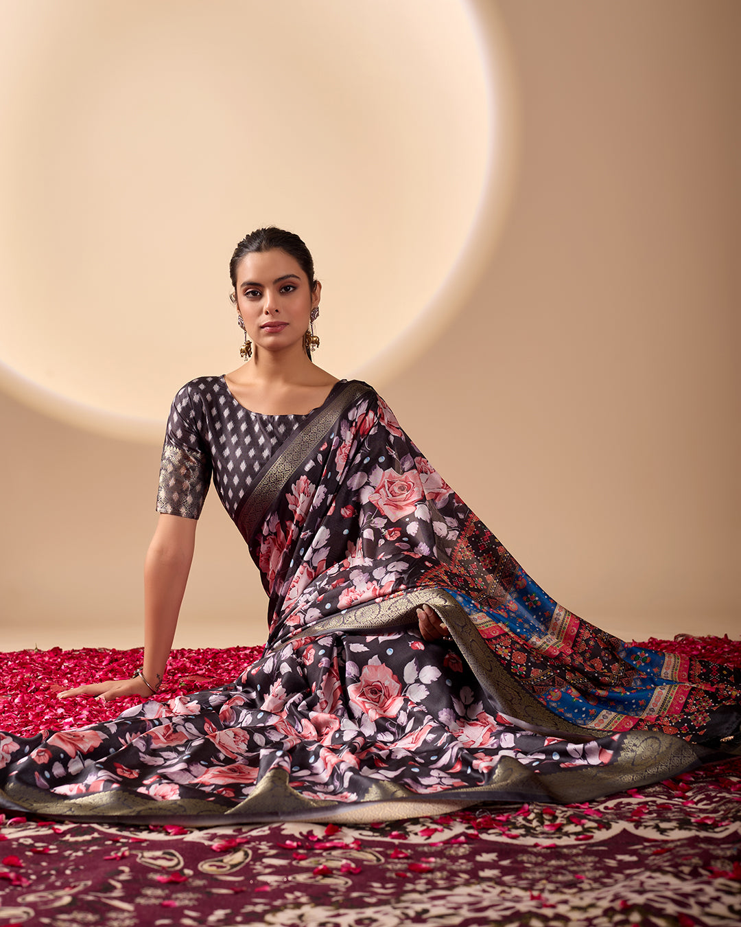 Premium Soft Lichi Silk Saree in Rich Black Tone, adorned with Artistic Floral Prints and a Vibrant Traditional Multicolor Pallu