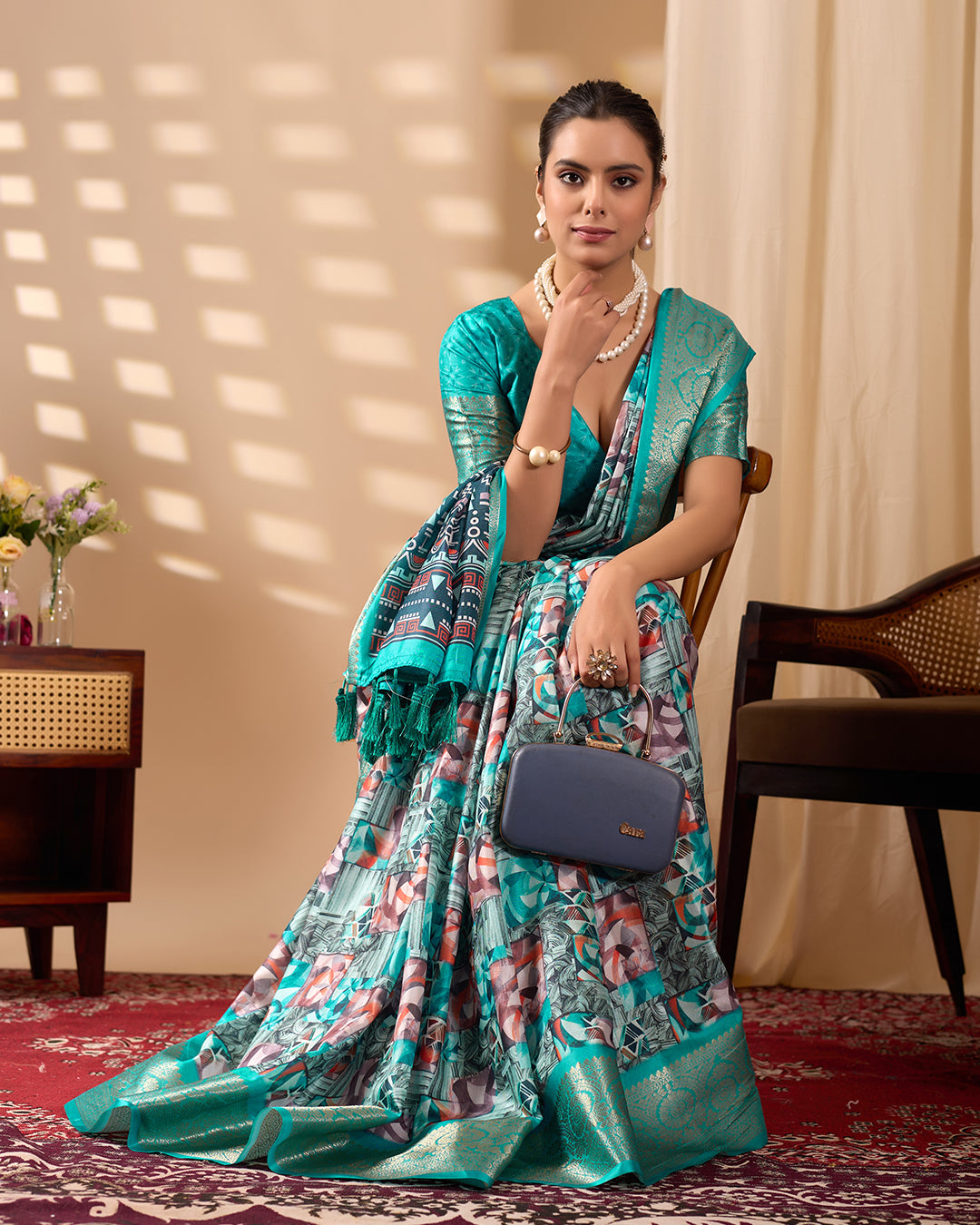 Premium Soft Lichi Silk Saree in Elegant Sea Green Shade, adorned with Artistic Abstract