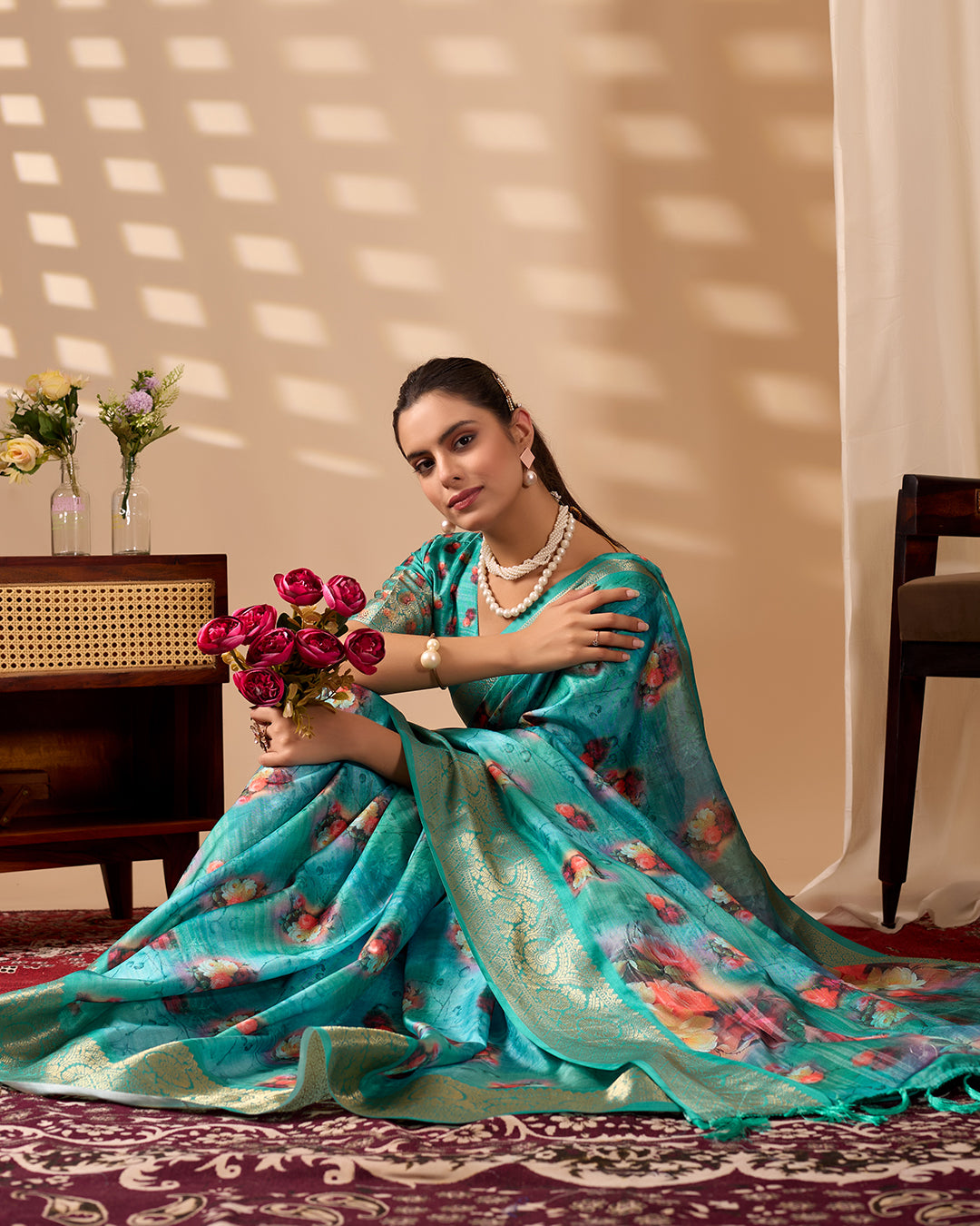 Elegant Soft Lichi Silk Saree adorned with digital floral patterns and a rich golden zari border