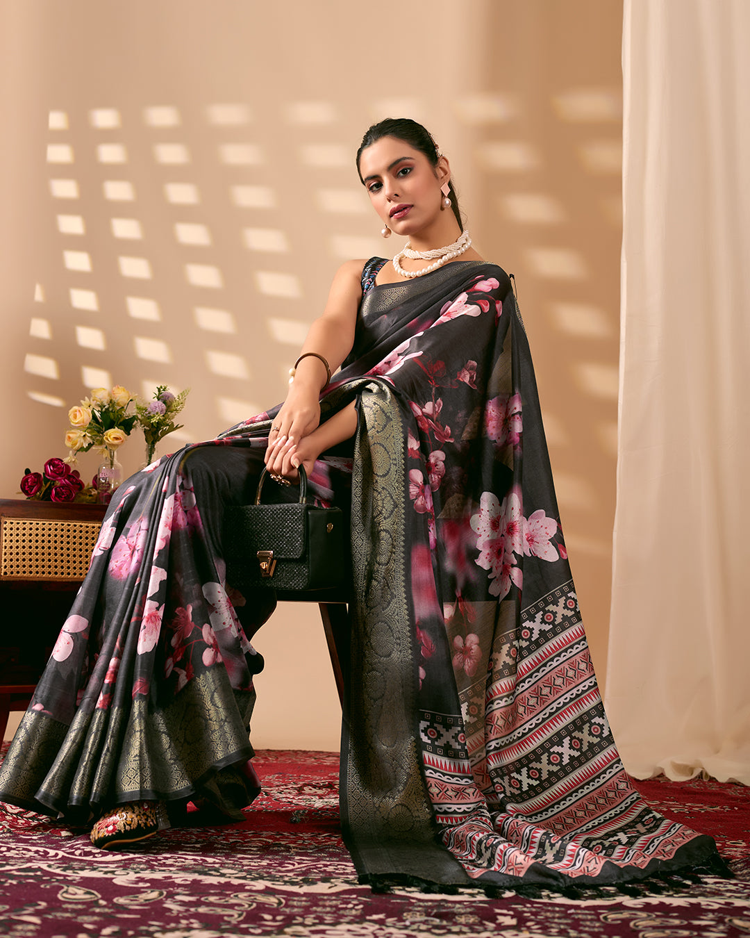 Stunning Soft Lichi Silk Saree featuring digital floral artistry on a deep elegant base with a rich golden zari border