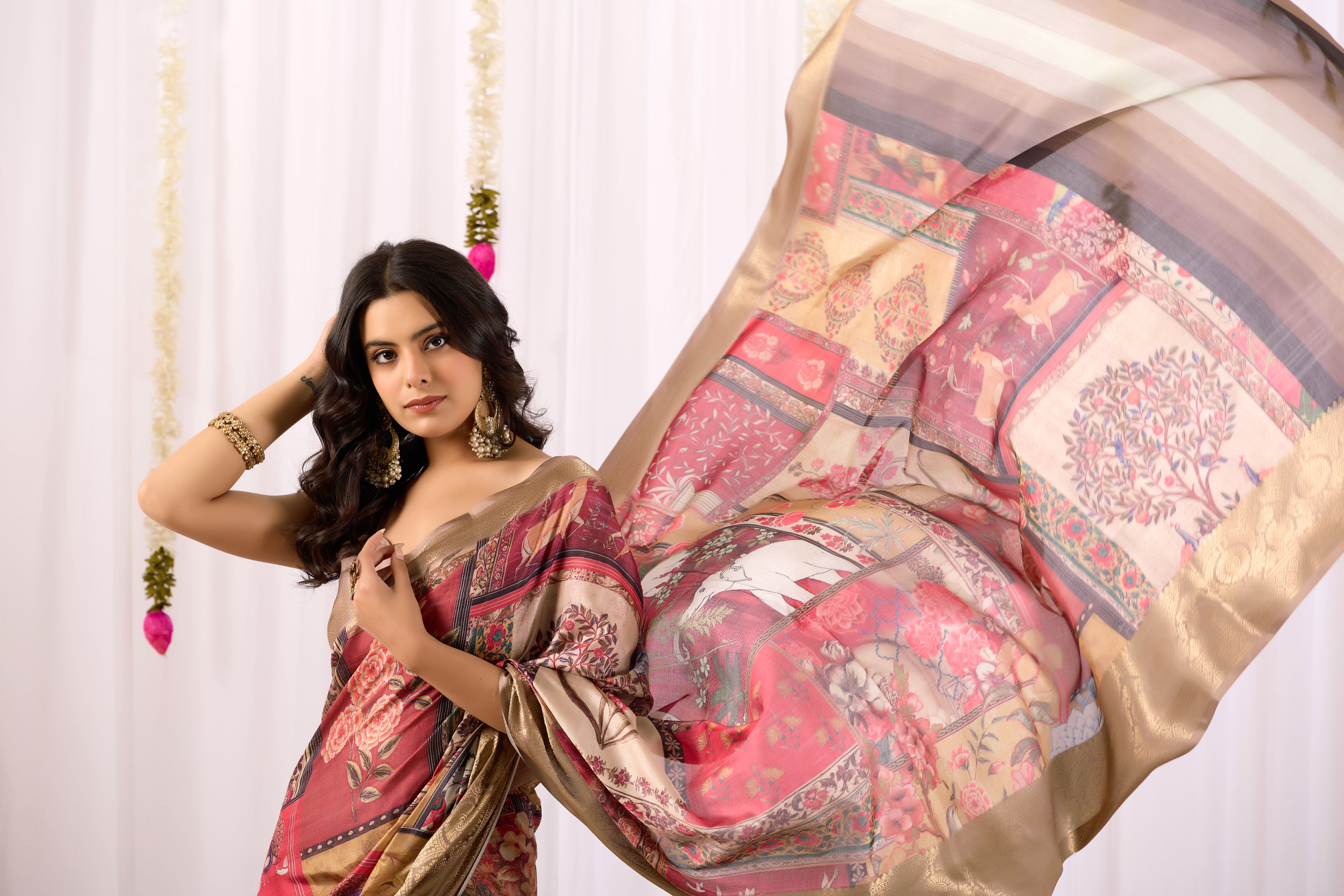 Soft Lichi Silk Saree featuring an Elegant Tribal Art Print with a Luxurious Rich Zari Border