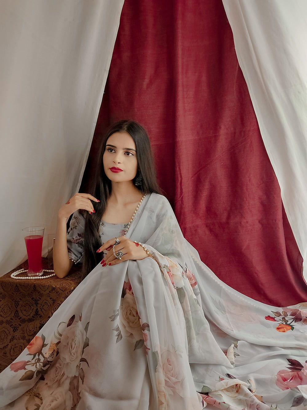 Georgette Printed with pearl lace border Saree