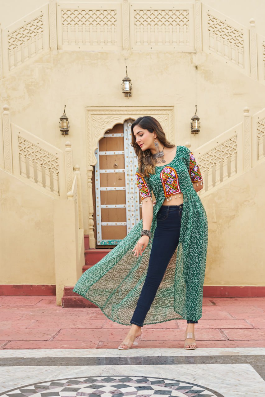 Kutchi Embroidered Short Jacket Style Printed Front-Slit Kurti