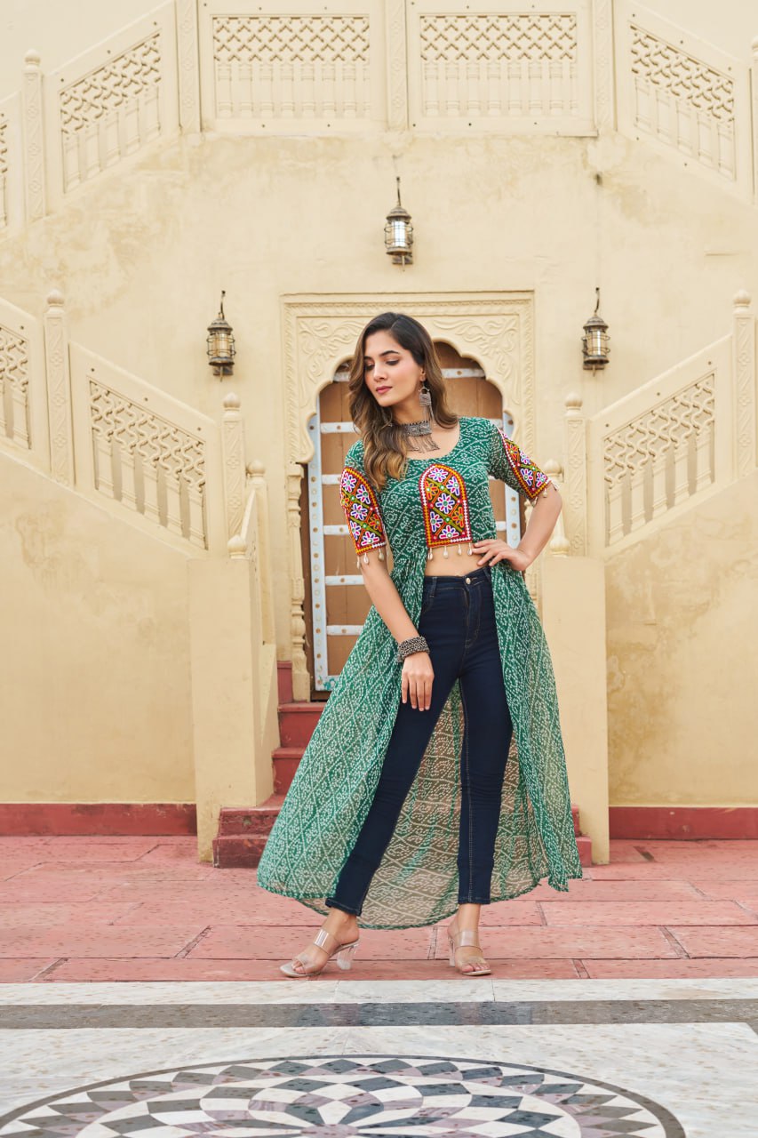 Kutchi Embroidered Short Jacket Style Printed Front-Slit Kurti