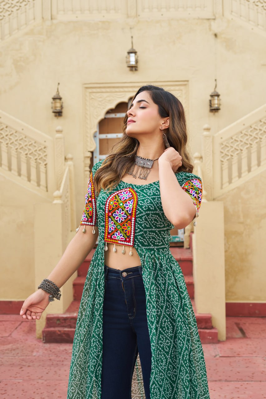 Kutchi Embroidered Short Jacket Style Printed Front-Slit Kurti