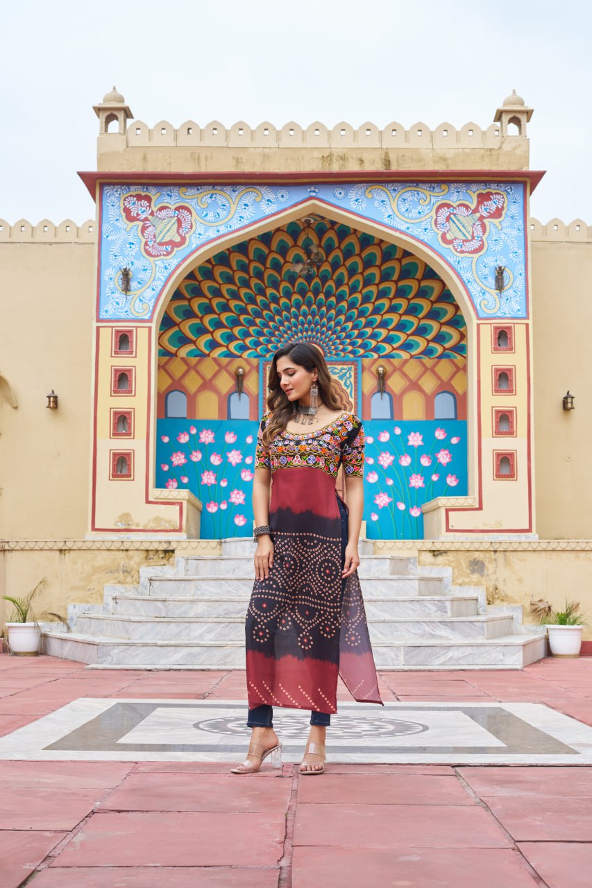 Bandhani Print Embroidered Front-Slit Kurti with Mirror Work