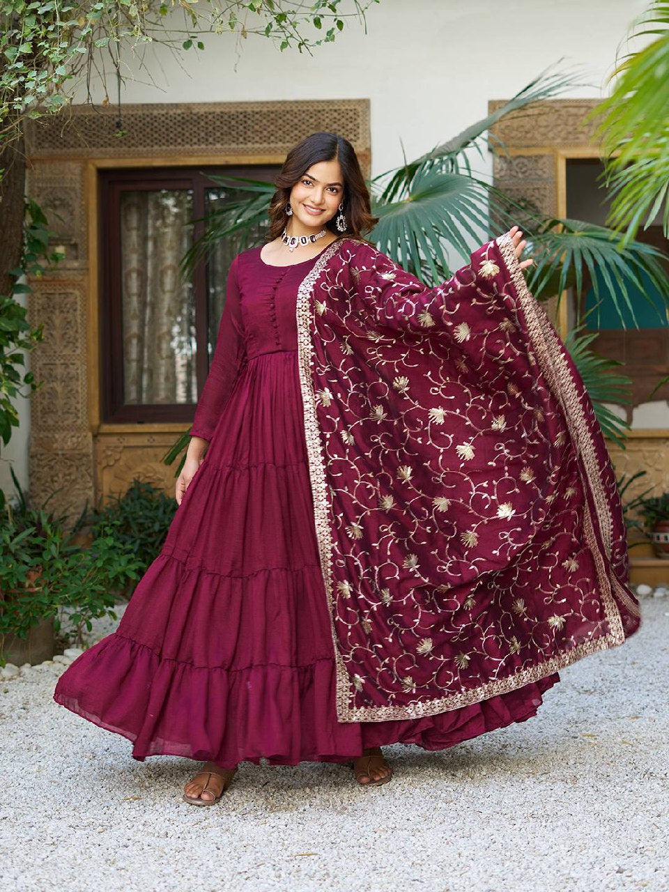 Tiered Anarkali Kurta Set with Embroidered Dupatta