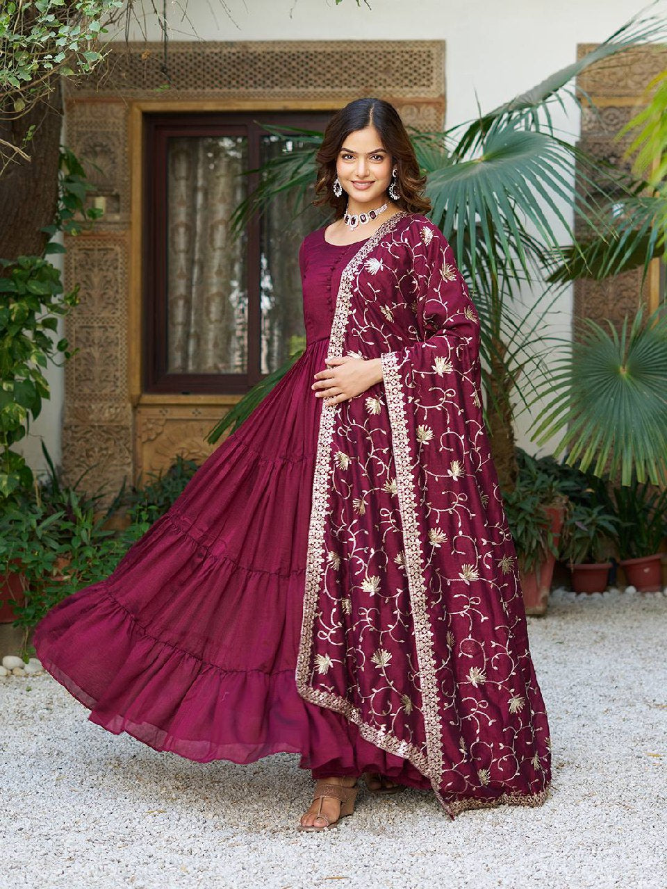 Tiered Anarkali Kurta Set with Embroidered Dupatta
