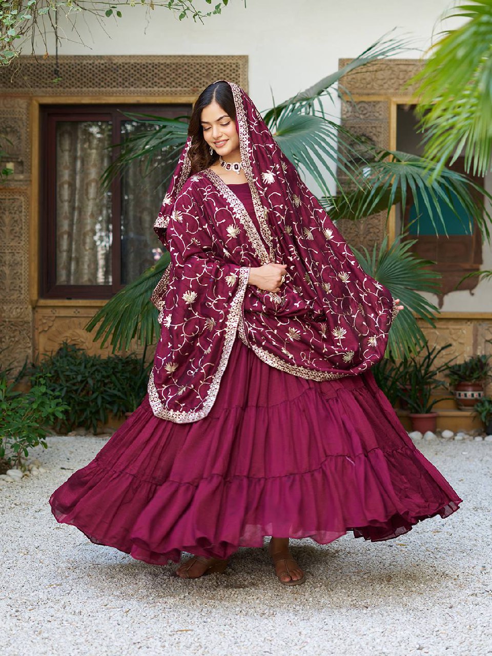 Tiered Anarkali Kurta Set with Embroidered Dupatta