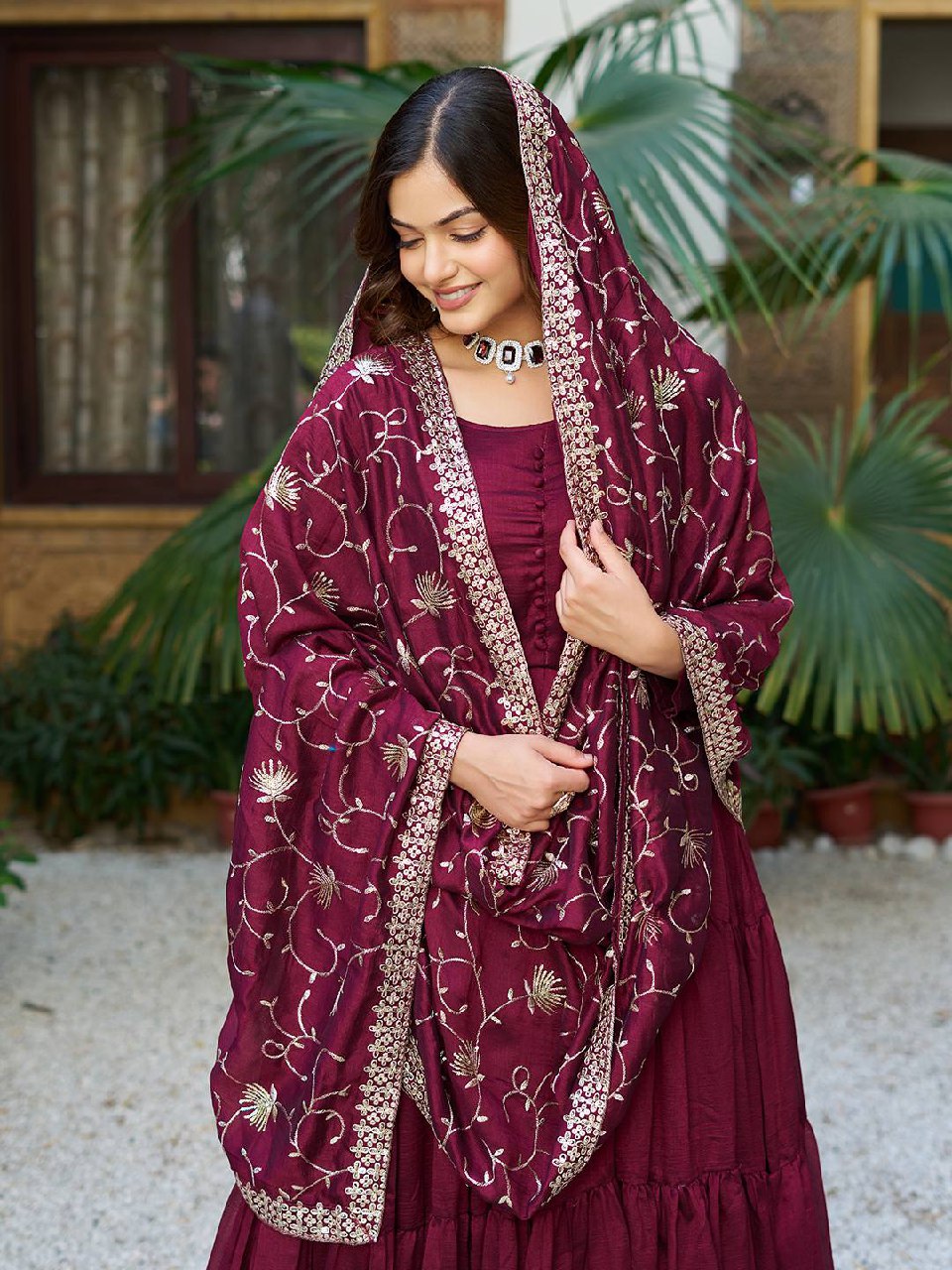 Tiered Anarkali Kurta Set with Embroidered Dupatta