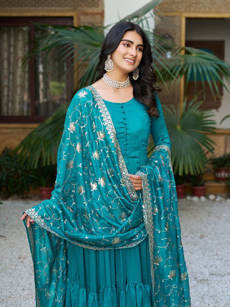 Tiered Anarkali Kurta Set with Embroidered Dupatta
