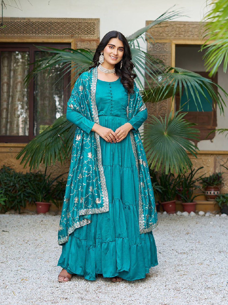 Tiered Anarkali Kurta Set with Embroidered Dupatta