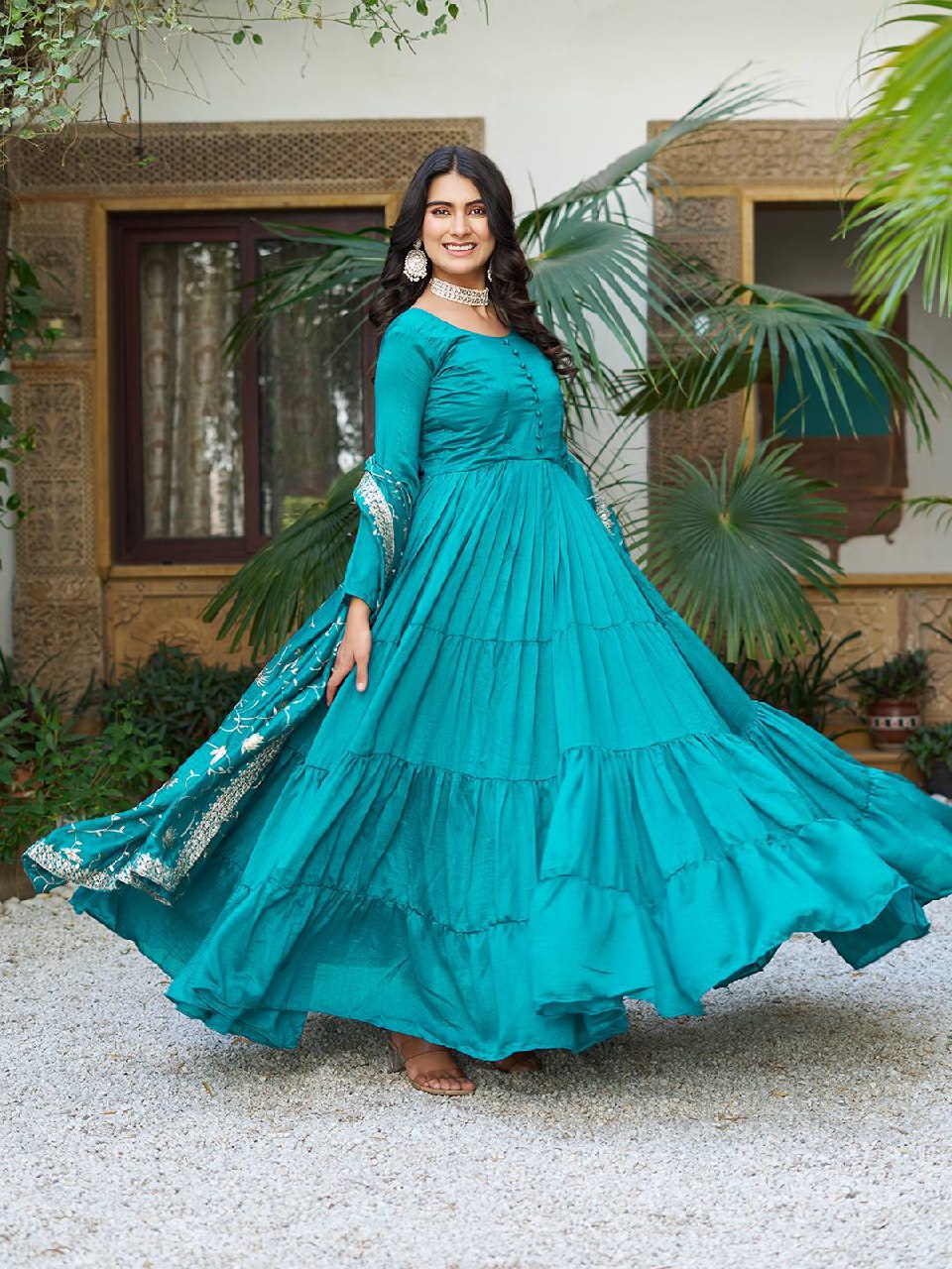 Tiered Anarkali Kurta Set with Embroidered Dupatta