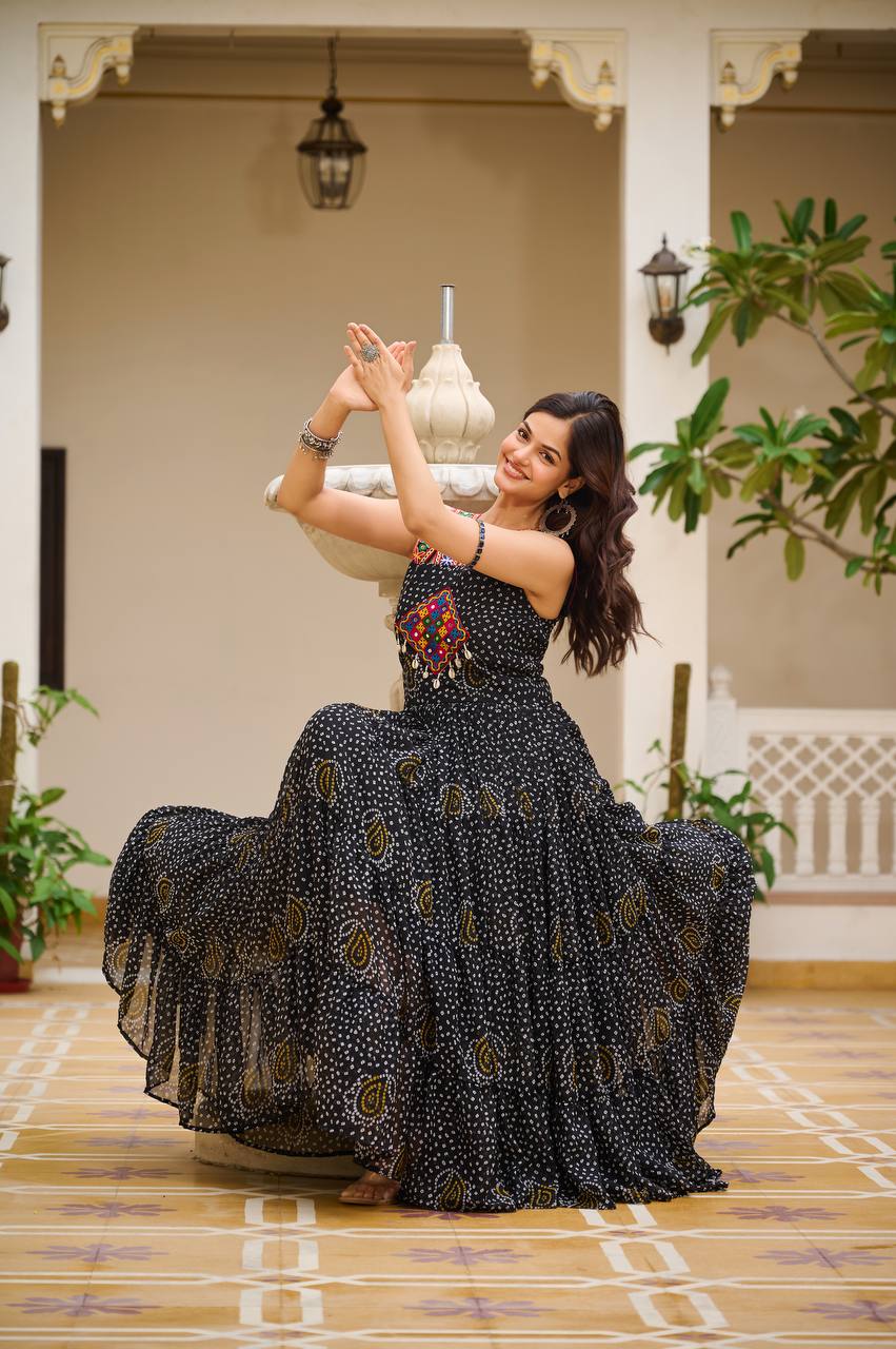 Sleeveless Mirror Work Tiered Navratri Dress