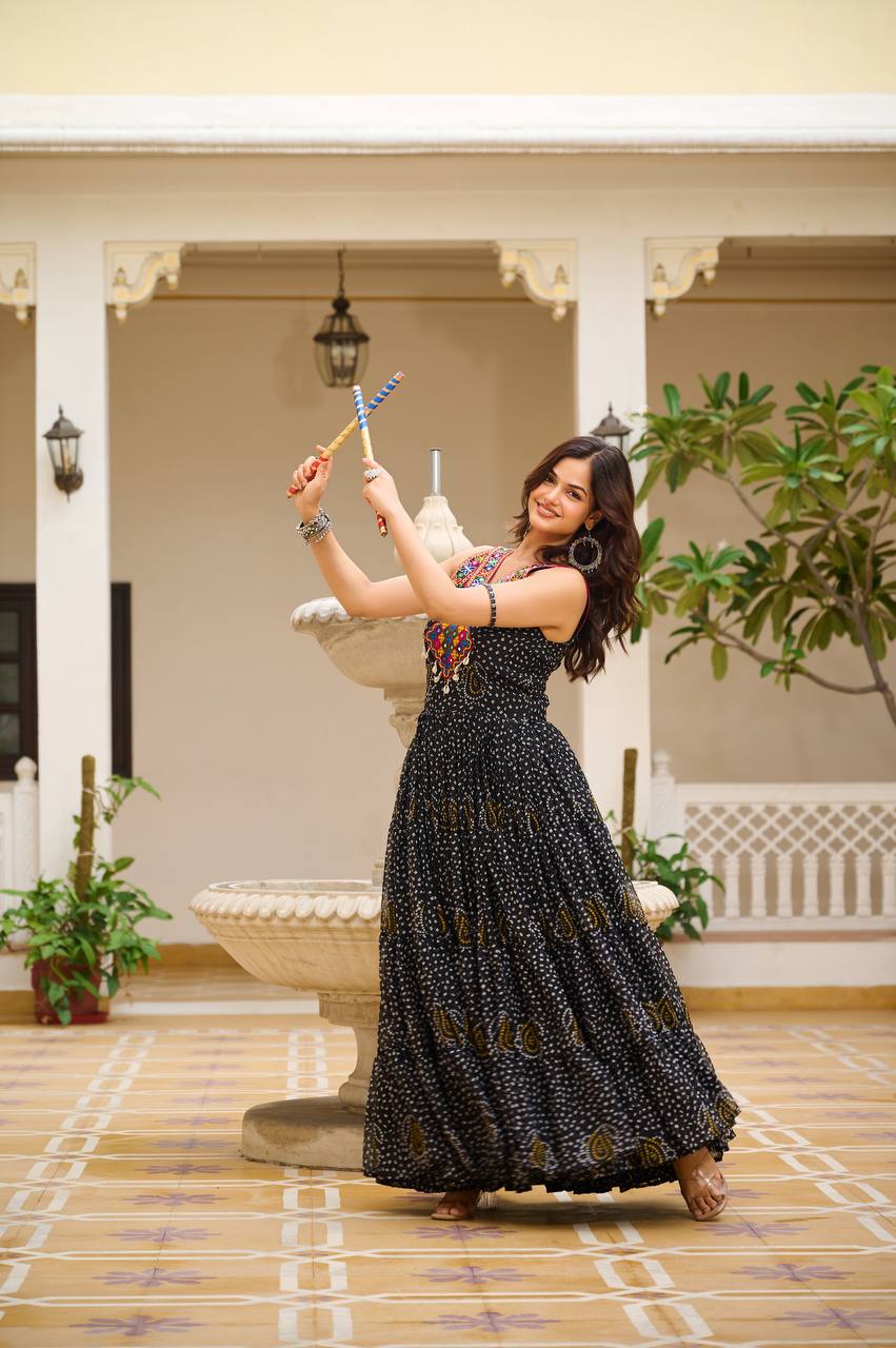 Sleeveless Mirror Work Tiered Navratri Dress