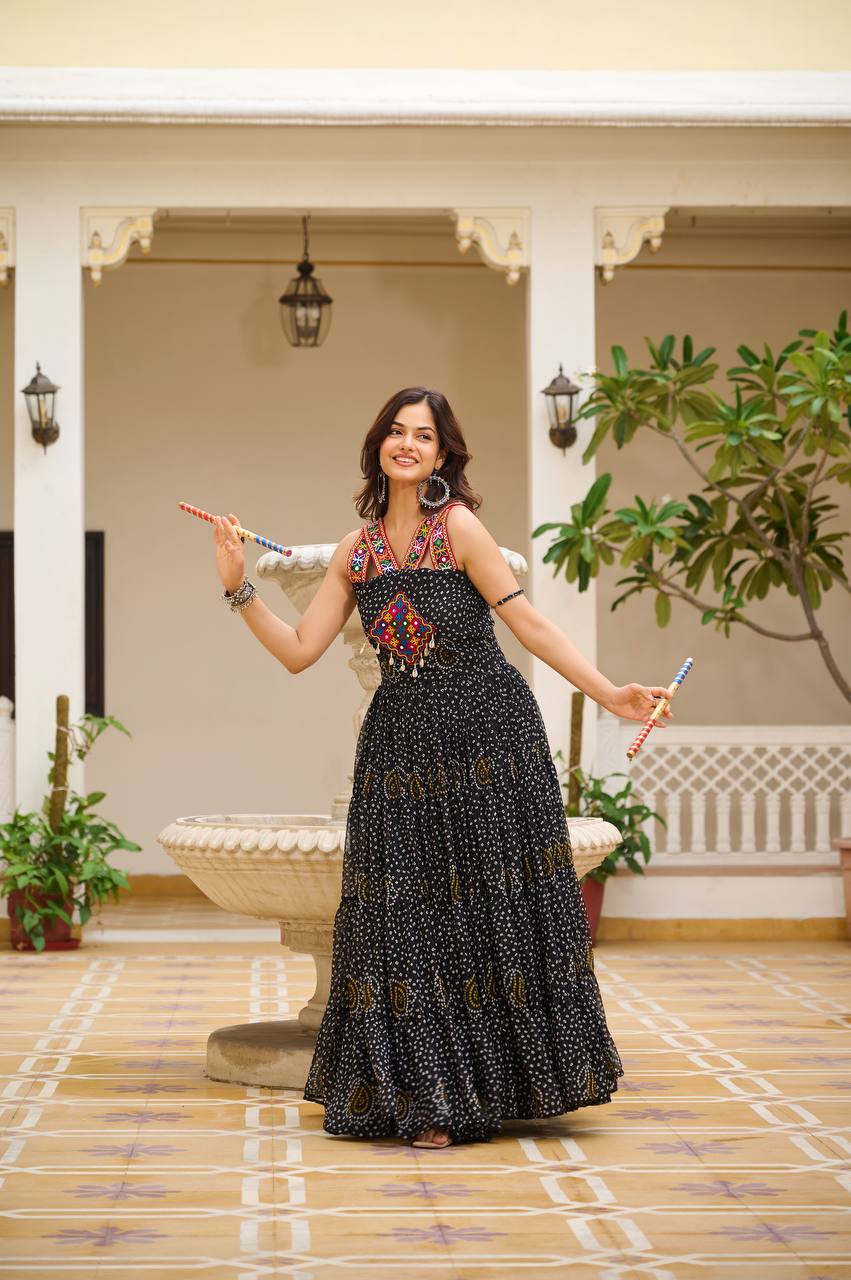 Sleeveless Mirror Work Tiered Navratri Dress