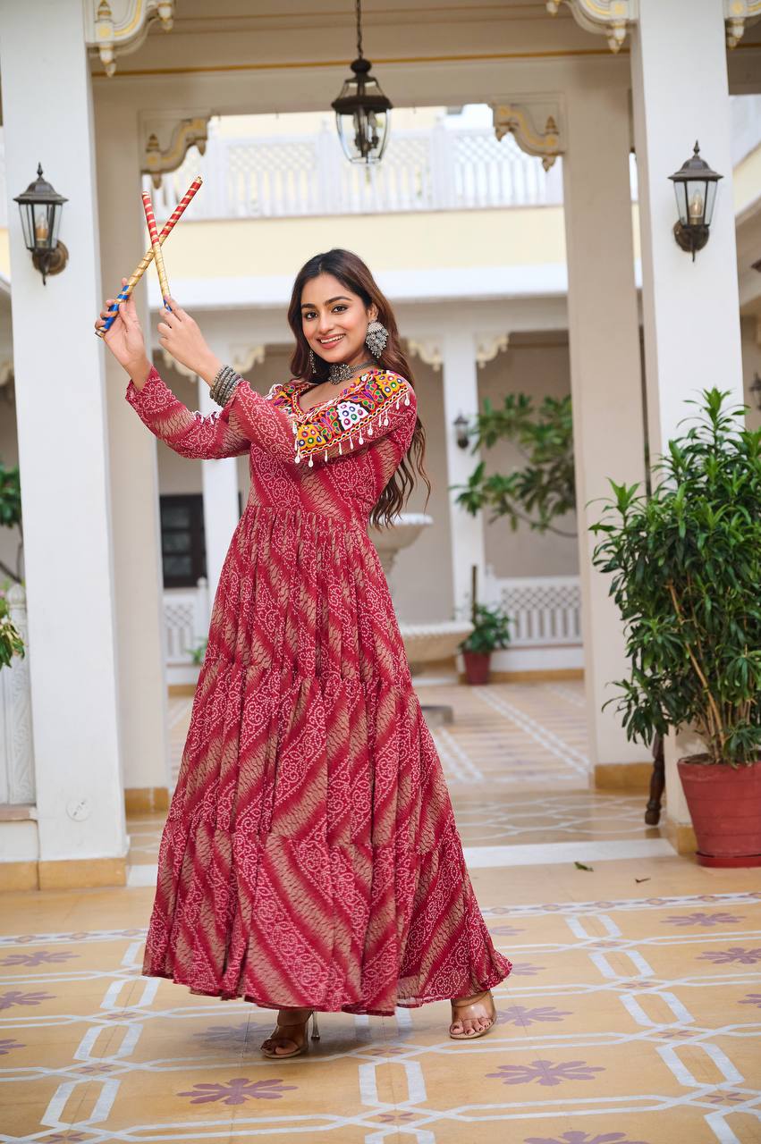 Full Sleeve Bandhani Print Tiered Navratri Dress with Mirror Work Yoke