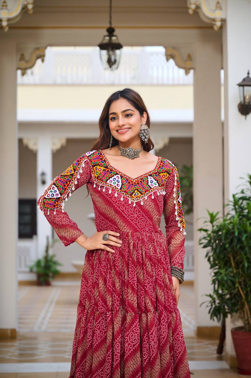 Full Sleeve Bandhani Print Tiered Navratri Dress with Mirror Work Yoke