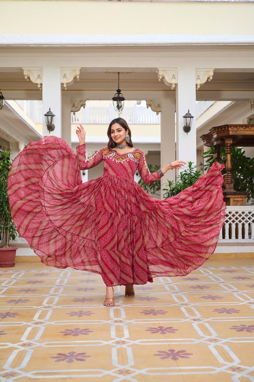 Full Sleeve Bandhani Print Tiered Navratri Dress with Mirror Work Yoke