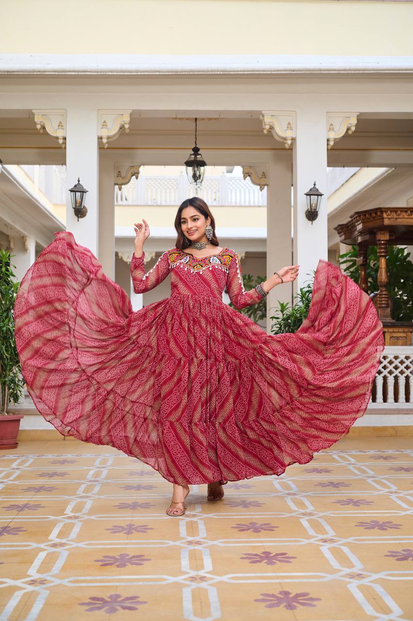 Full Sleeve Bandhani Print Tiered Navratri Dress with Mirror Work Yoke