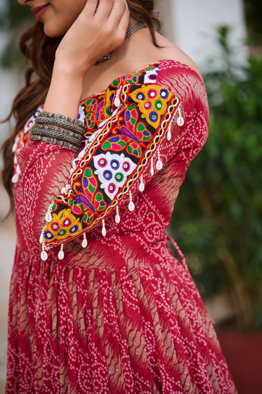 Full Sleeve Bandhani Print Tiered Navratri Dress with Mirror Work Yoke