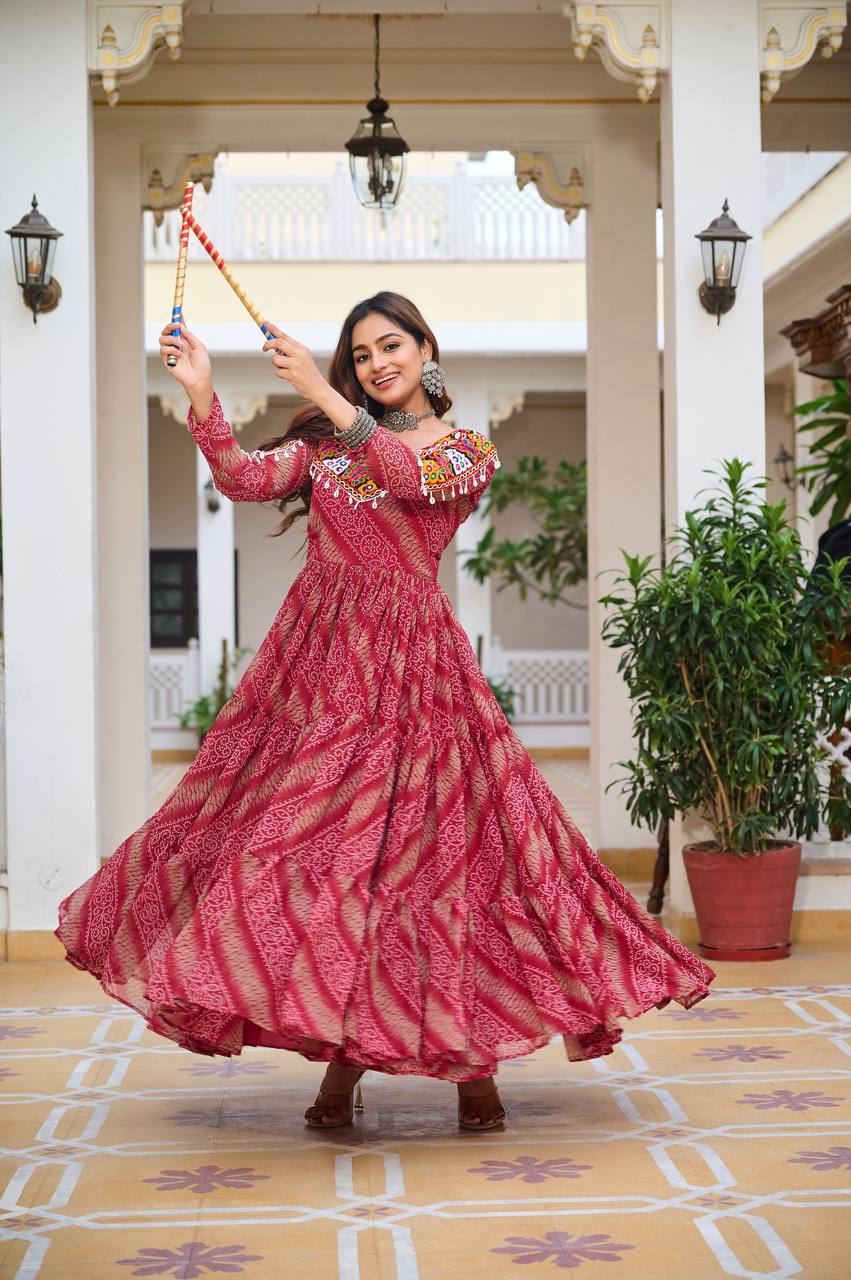 Full Sleeve Bandhani Print Tiered Navratri Dress with Mirror Work Yoke