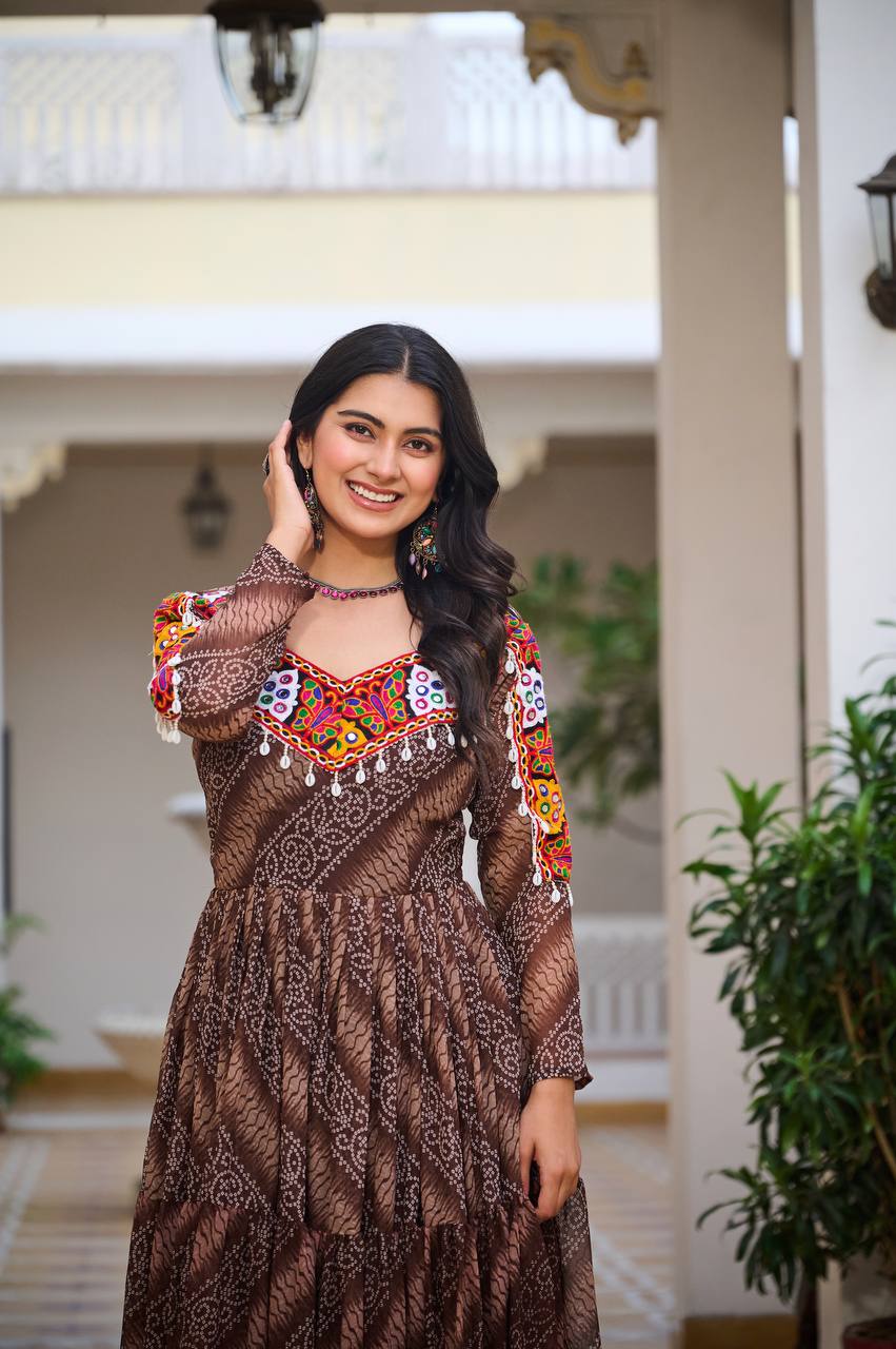 Full Sleeve Bandhani Print Tiered Navratri Dress with Mirror Work Yoke