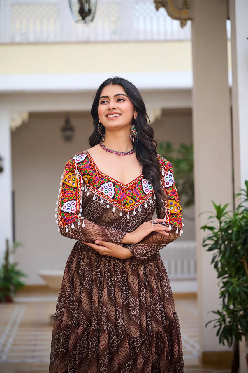 Full Sleeve Bandhani Print Tiered Navratri Dress with Mirror Work Yoke
