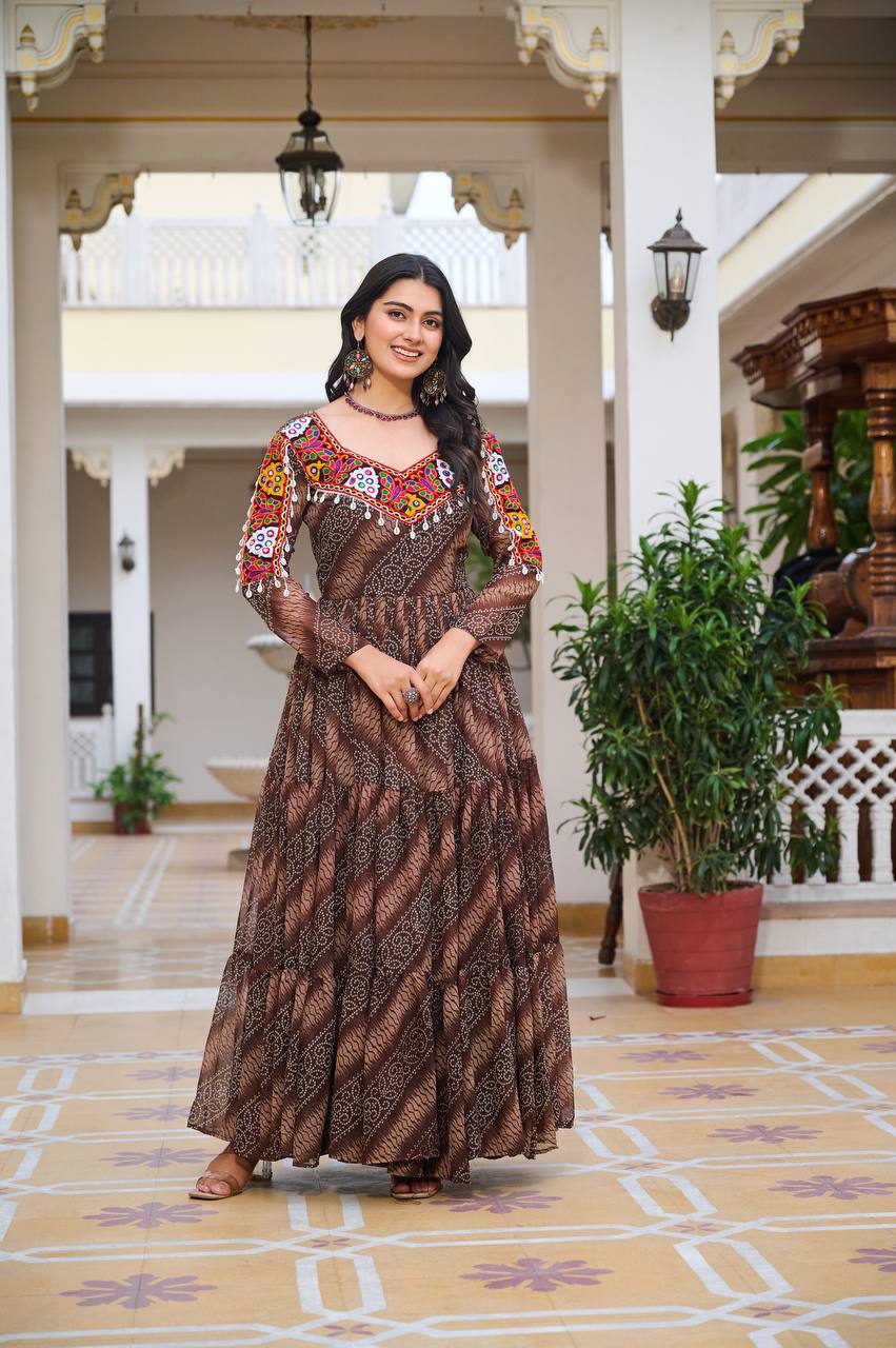 Full Sleeve Bandhani Print Tiered Navratri Dress with Mirror Work Yoke