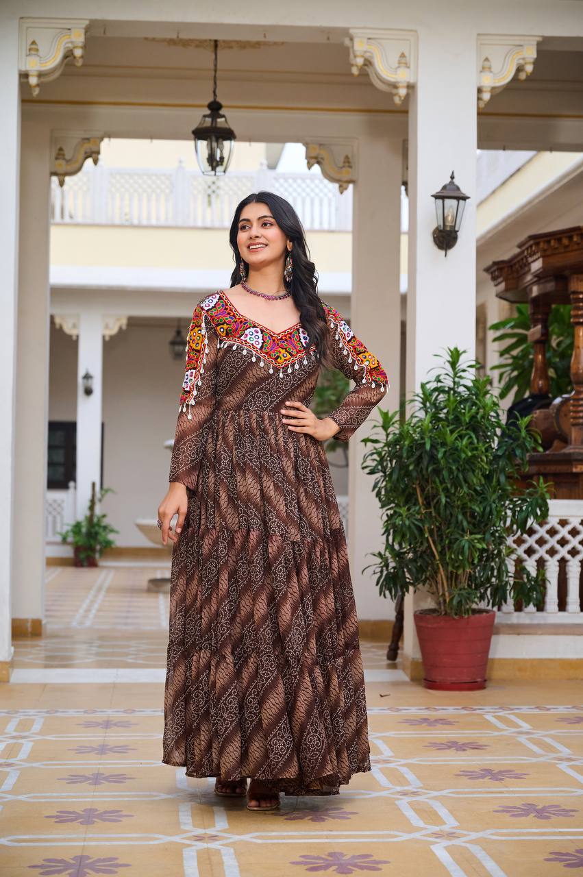 Full Sleeve Bandhani Print Tiered Navratri Dress with Mirror Work Yoke