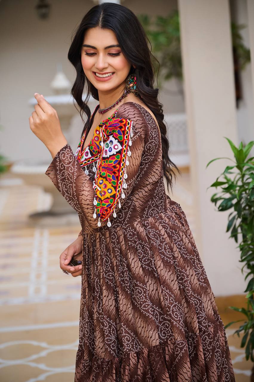Full Sleeve Bandhani Print Tiered Navratri Dress with Mirror Work Yoke
