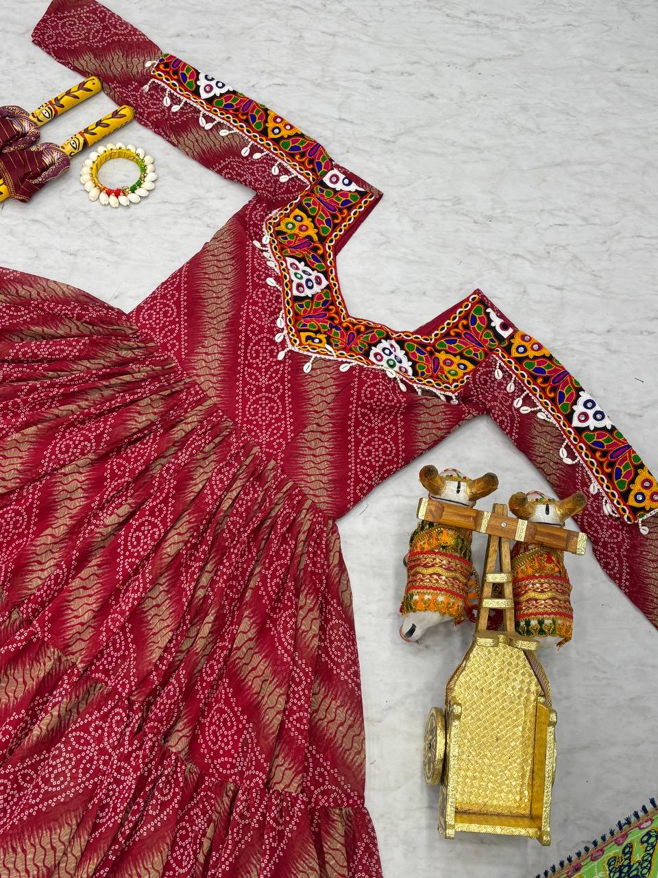 Full Sleeve Bandhani Print Tiered Navratri Dress with Mirror Work Yoke