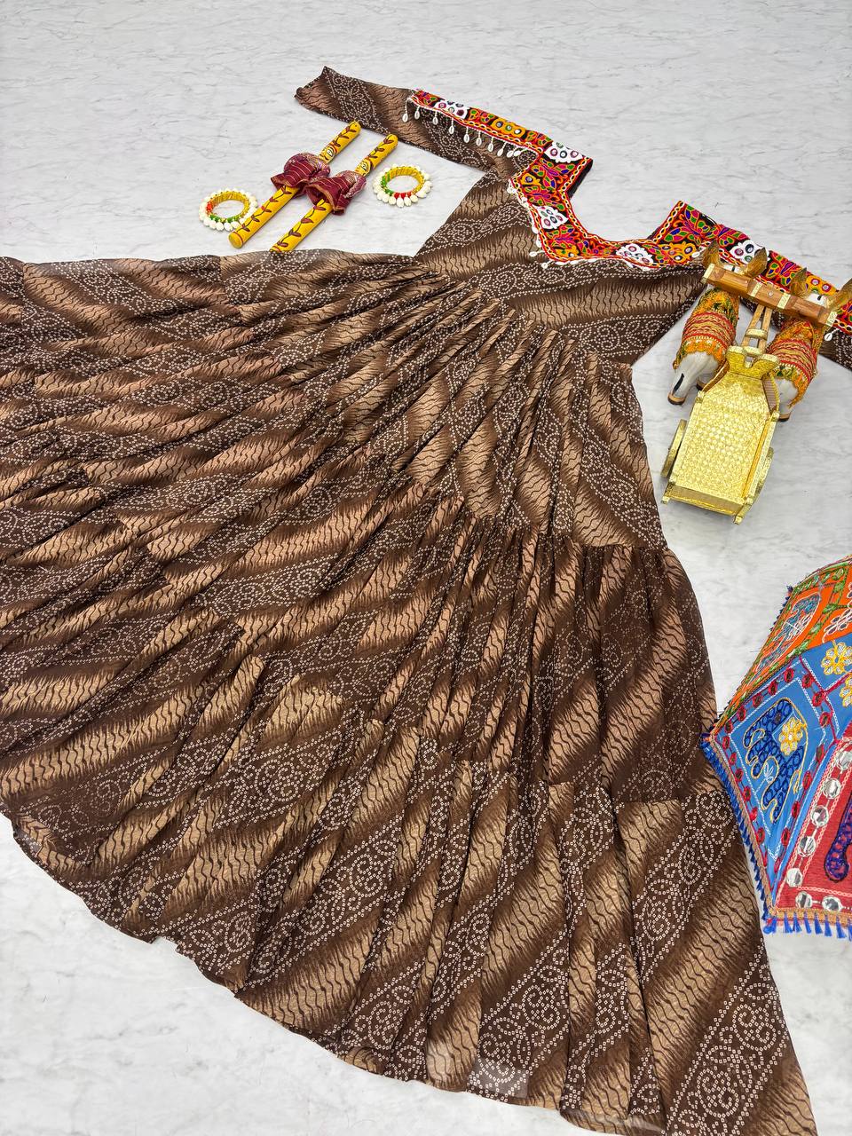 Full Sleeve Bandhani Print Tiered Navratri Dress with Mirror Work Yoke