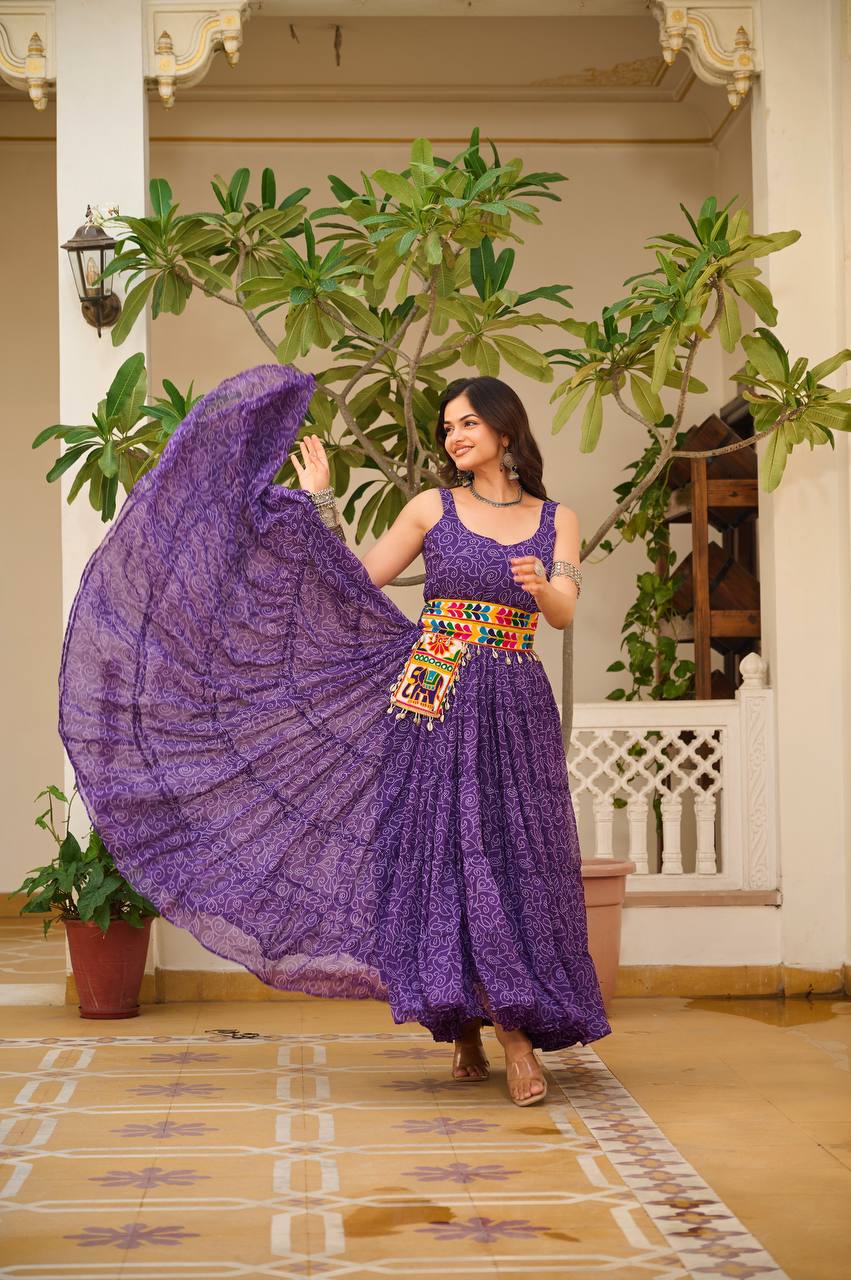 Sleeveless Bandhani Print Navratri Dress with Embroidered Kutch Belt