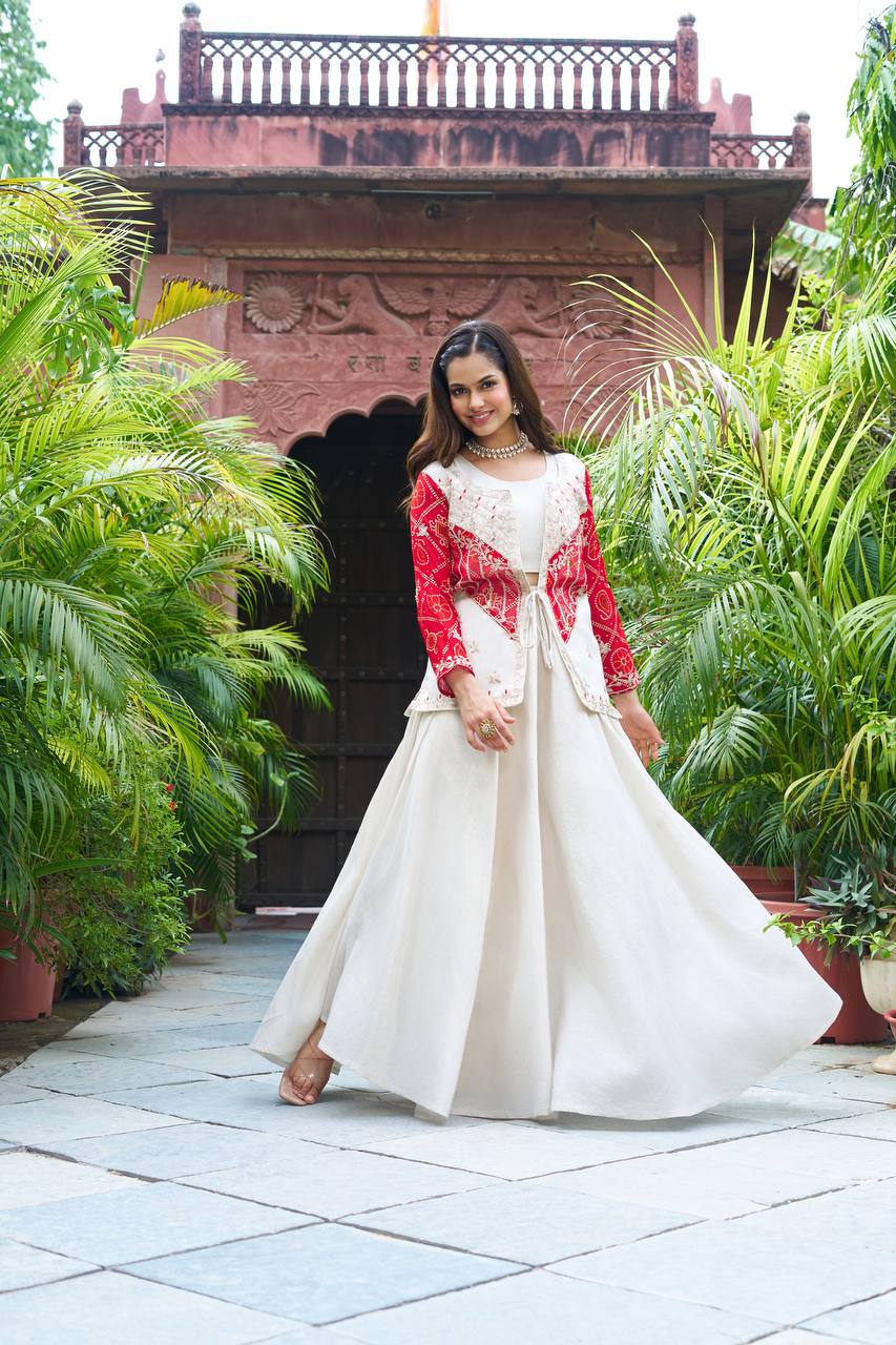 Bandhej Print Mirror Work Jacket with Flared Dress