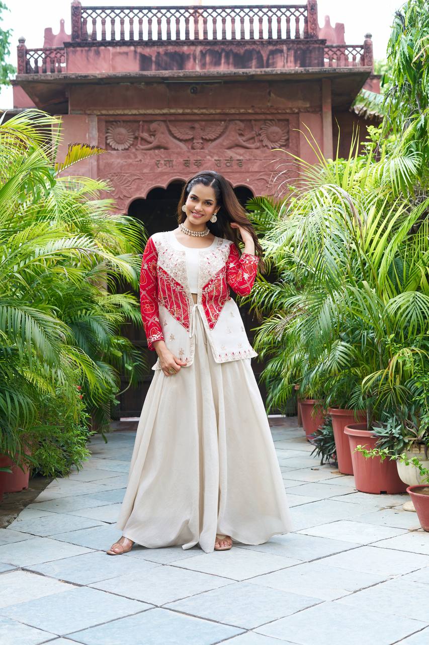 Bandhej Print Mirror Work Jacket with Flared Dress