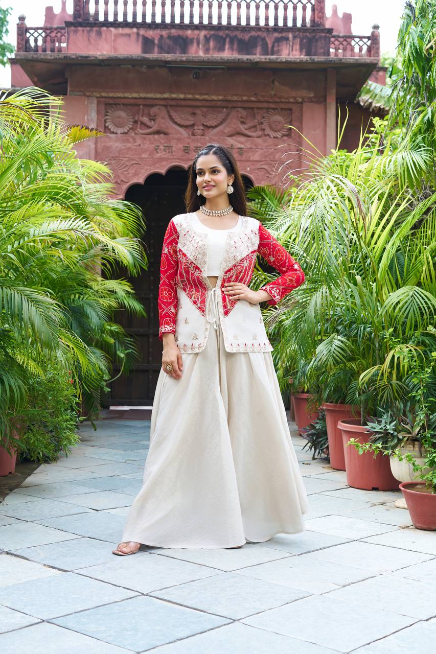 Bandhej Print Mirror Work Jacket with Flared Dress