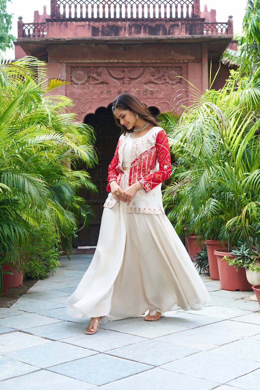 Bandhej Print Mirror Work Jacket with Flared Dress