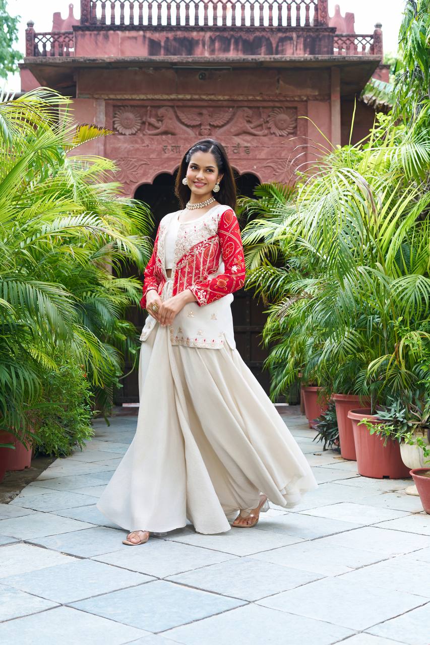 Bandhej Print Mirror Work Jacket with Flared Dress