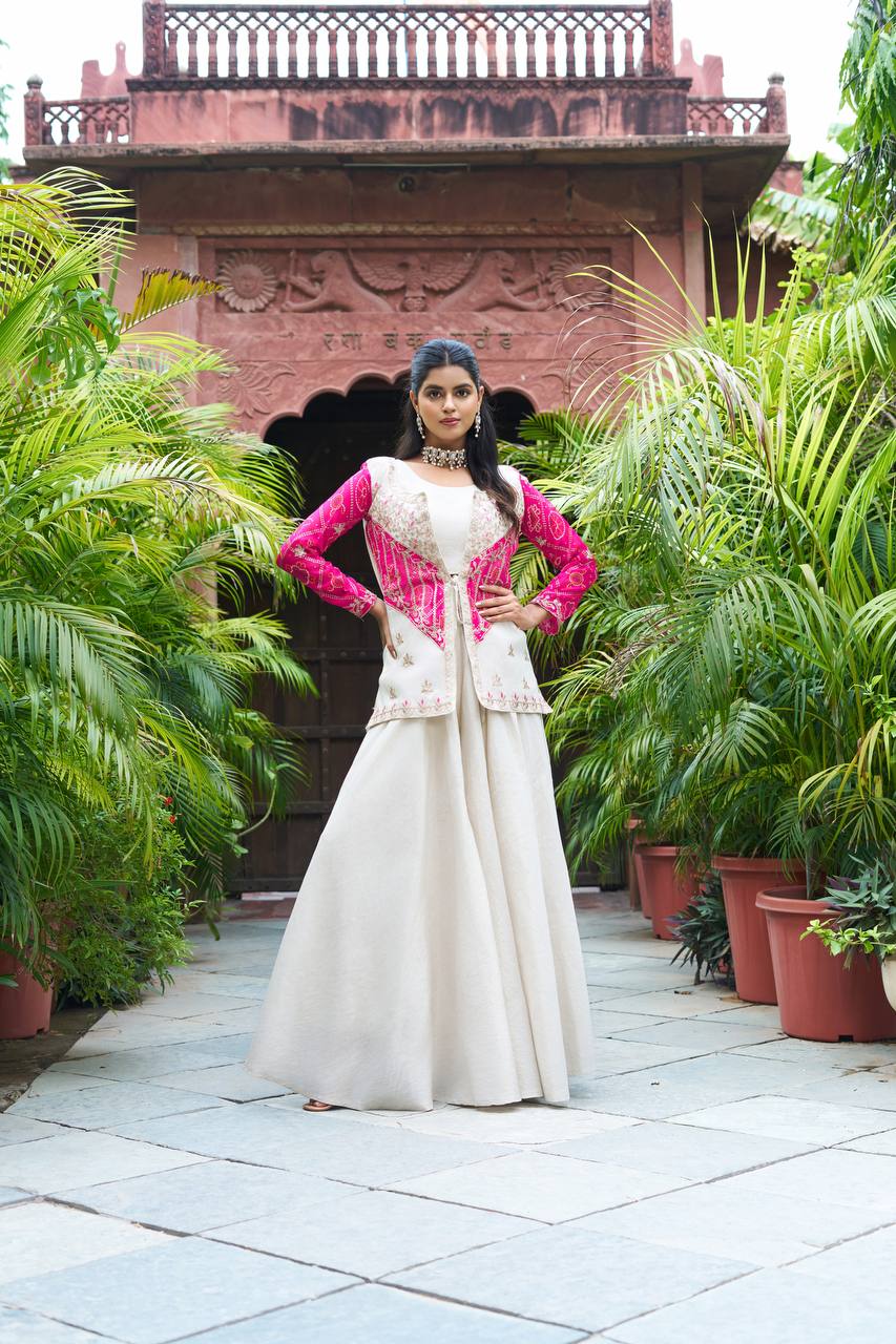 Bandhej Print Mirror Work Jacket with Flared Dress