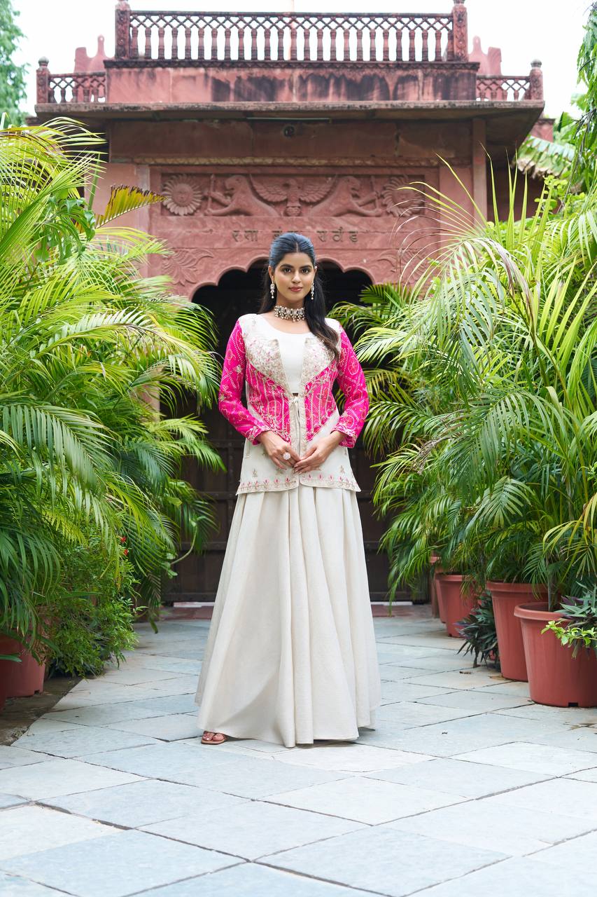 Bandhej Print Mirror Work Jacket with Flared Dress