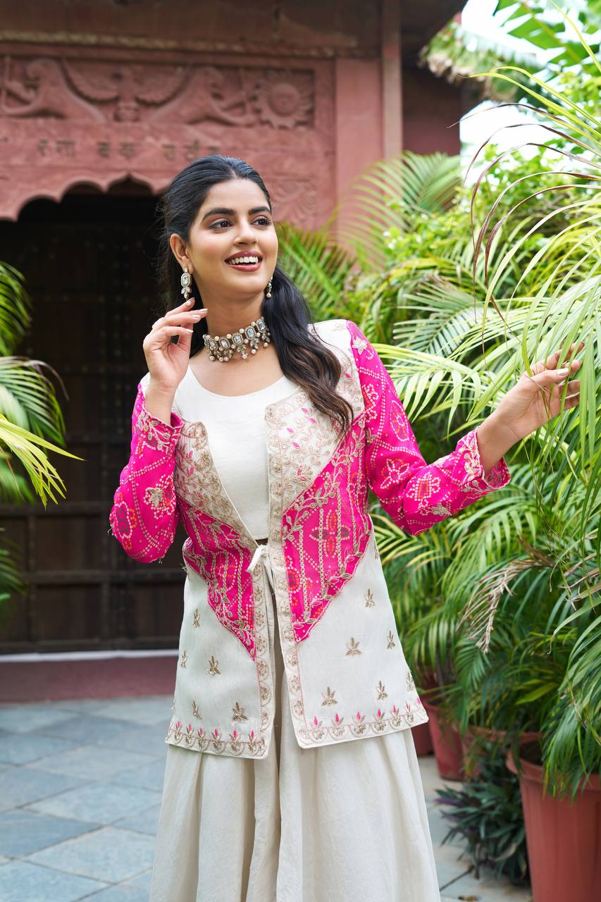 Bandhej Print Mirror Work Jacket with Flared Dress