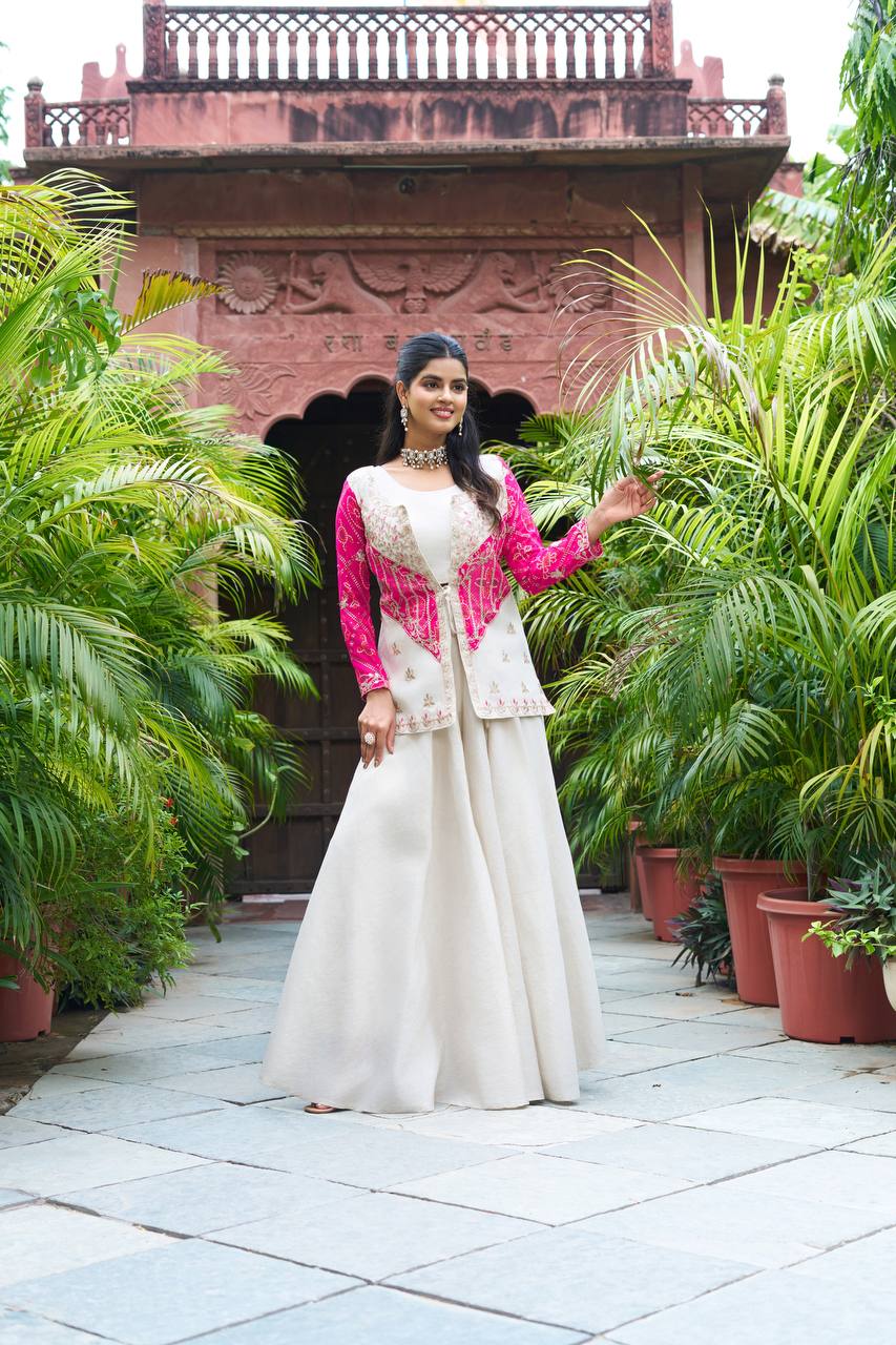 Bandhej Print Mirror Work Jacket with Flared Dress