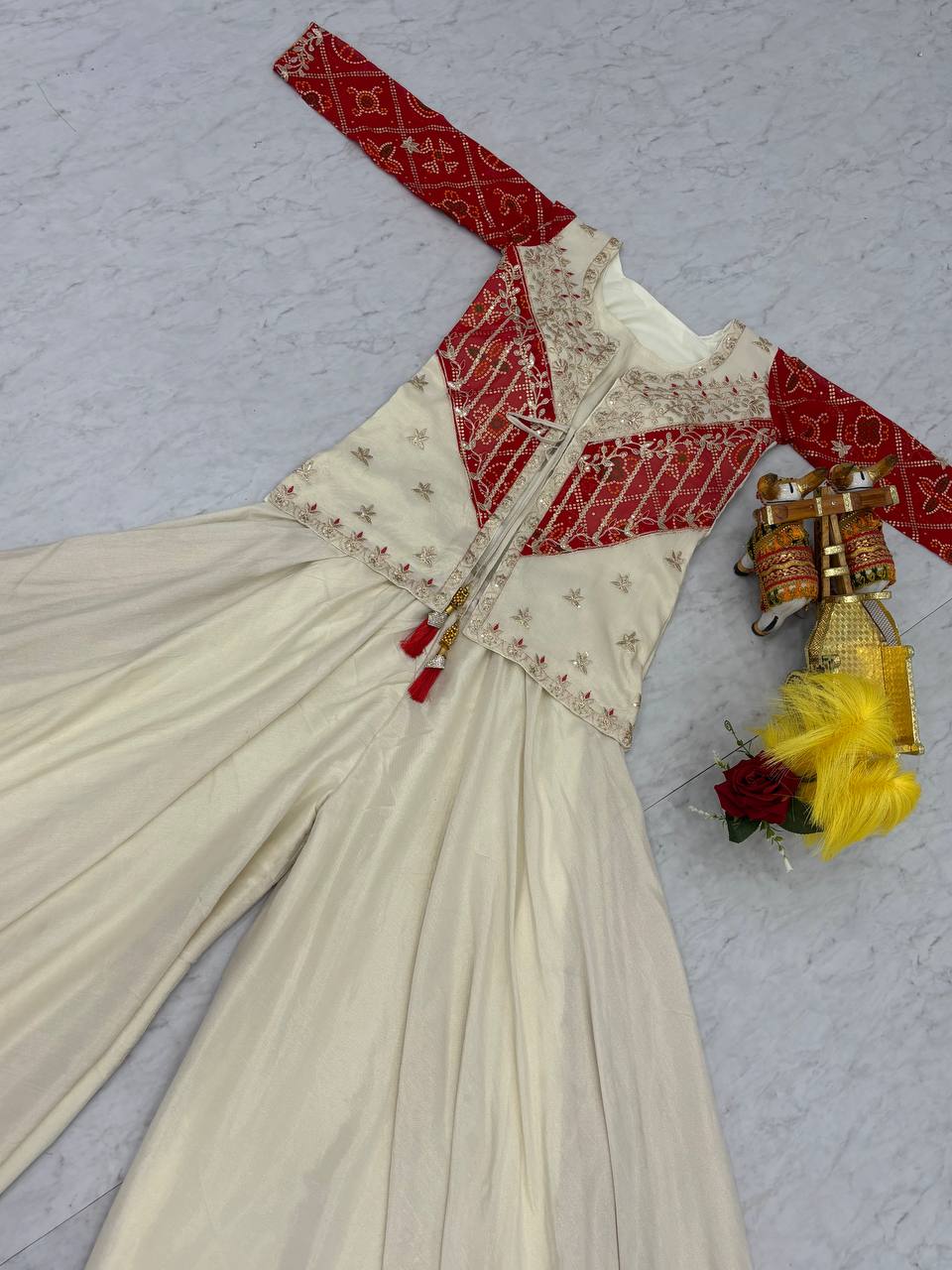 Bandhej Print Mirror Work Jacket with Flared Dress
