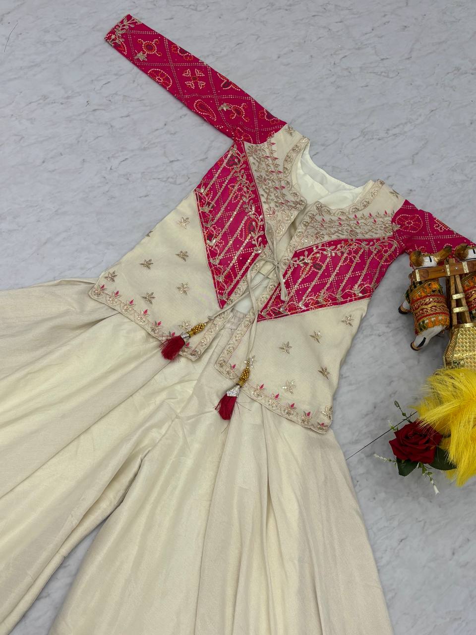 Bandhej Print Mirror Work Jacket with Flared Dress