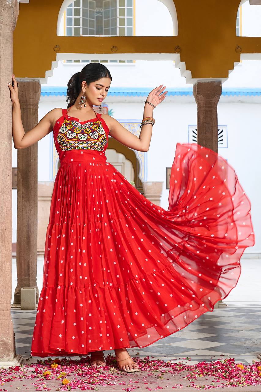 Embroidered Mirror Work Tiered Anarkali Gown